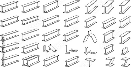 Collection of various structural steel profiles and beams, including I-beams, H-beams, channel sections, and L-bars, essential for engineering and construction projects.