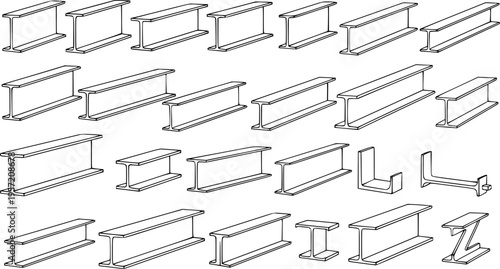 Detailed collection of various steel structural beam profiles and cross-sections for engineering, architecture, and heavy construction industry applications, line art illustration.