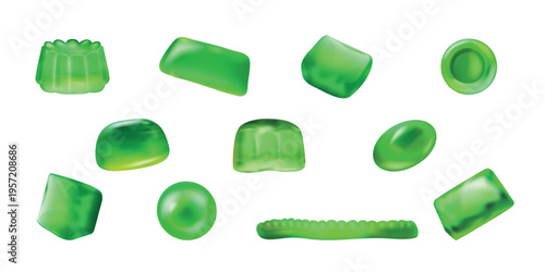 Green jelly candy. Realistic gummy candies, sour fruit chewy sweet marmalade sugar dessert snack assorted shape gum taste vitamins gelatin sweets set 3d exact vector illustration
