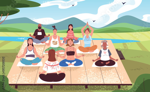 Outdoor meditation. Nature retreat, yoga people group meditate in mountain park landscape, spiritual zen practice teacher class wellness calm man woman classy vector illustration