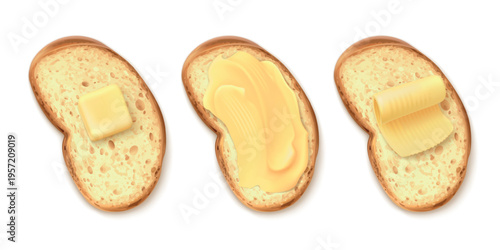 Realistic butter on bread. Sandwich toast with margarine slice, 3d melt spread curl slices on crumb toasts piece top view creamy oil food 3d isolated garish vector illustration