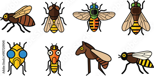 Bee and Insect Cartoon Characters Set with Different Flying Bugs Honey Bee Wasp Fly Cute Wildlife Collection Flat Vector Illustration