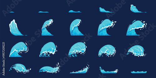 Wave splash animation. Sea water waves splashes sprite sheet sequence frame, ocean energy liquid foam motion fx ripple drops splatter aqua burst game ingenious vector illustration