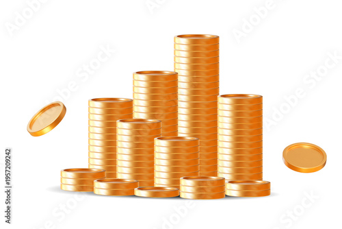 3d golden coin stack. Money yellow pile. Stock vector illustration on isolated background