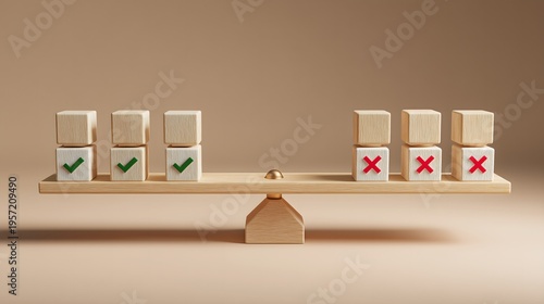 Balance scale comparing approved and rejected choices with check marks and crosses, decision making concept representing evaluation, selection process, risk assessment and business judgment