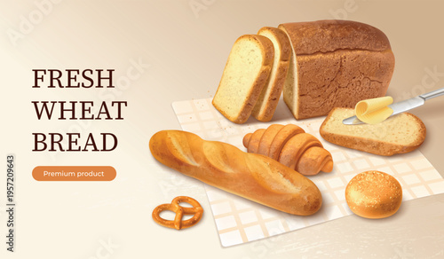 Bread ad. Wheat loaf toast slice advertising banner, 3d realistic bread breakfast delicious food homemade bakery product promotion background marketing garish vector illustration