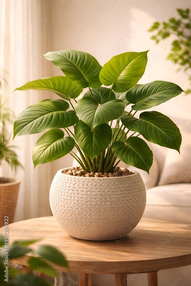 Obraz premium A potted plant sits on a wooden table in a bright room