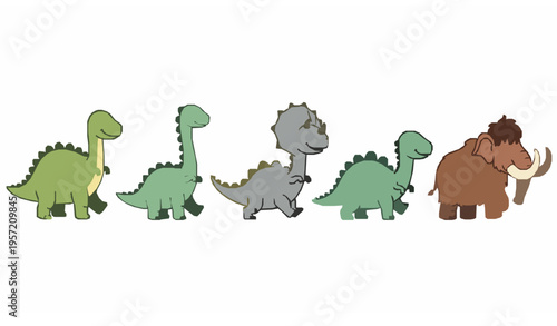Cute prehistoric animal characters with dinosaurs and mammoth flat vector set