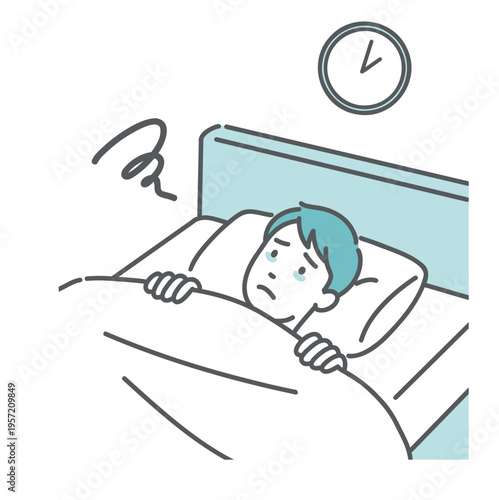 夜中に目が覚めて眠れない男性のイラスト（不眠症・睡眠障害）