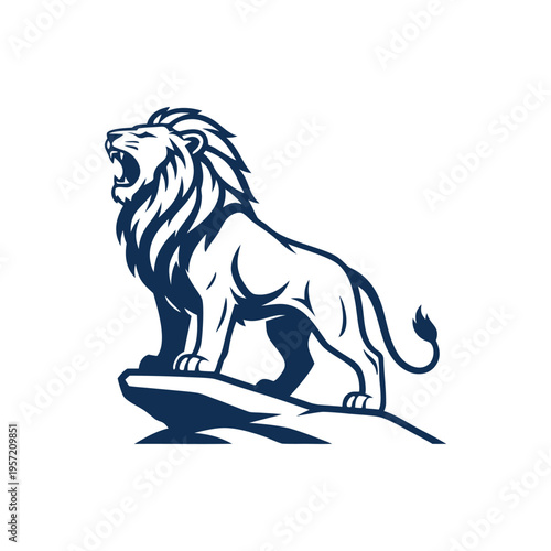 A powerful lion standing on a rock with its mouth open in a fierce roar