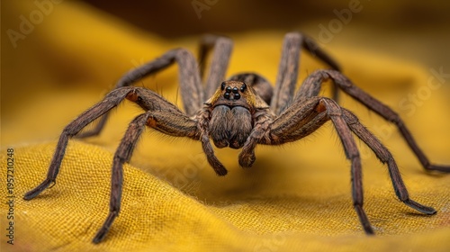 Close up of a spider on yellow fabric detailed arachnid macro photography