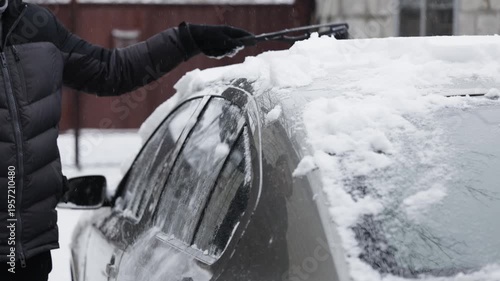 Person Clearing Snow from Car in Winter Landscape.