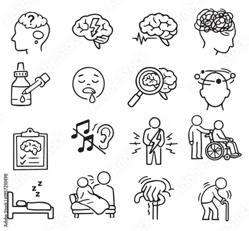 Parkinson's Disease symptoms, diagnostic and treatment vector icon set. Vector illustration on the theme of World Parkinson's disease (PD) day observed each year on April 11th across the globe. Vector