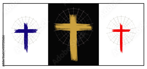 Hand-painted gold, red and blue brush stroke cross with circular light rays – minimal Christian Easter design.