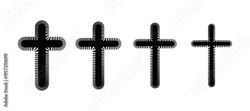 Radiating line Christian cross set – abstract striped cross silhouette vector collection.