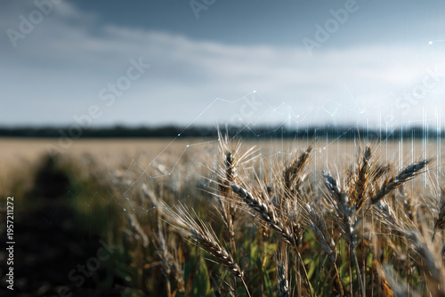 A stunning close-up of golden wheat ears in a field, showcasing the essence of agricultural abundance with a digital touch symbolizing data and technology.