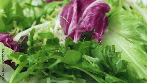 Fresh mixed salad field greens piled close up view.