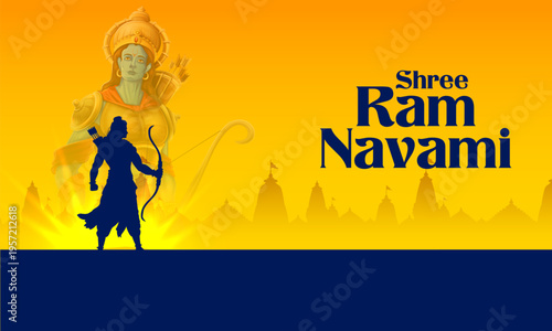 Lord Rama with bow arrow with Hindi text meaning Shree Ram Navami celebration background for religious holiday of India