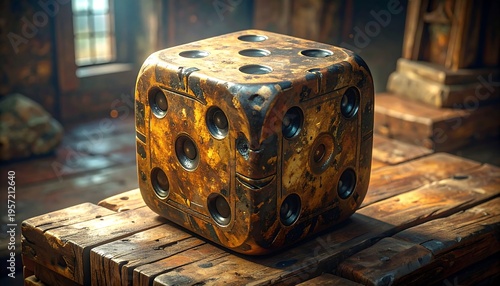 Antique Rusty Metal Dice on Wooden Table.