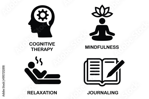 Cognitive therapy and mindfulness icons, relaxation and journaling, solid black silhouette vector set, mental health techniques, stress reduction, self-care tools, wellness illustration.
