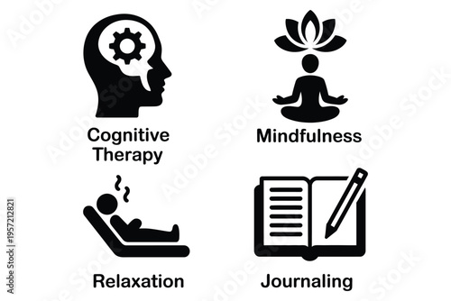 Cognitive therapy and mindfulness icons, relaxation and journaling, solid black silhouette vector set, mental health techniques, stress reduction, self-care tools, wellness illustration.