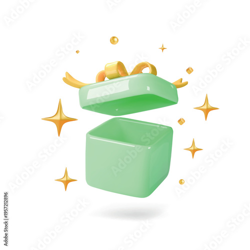 Open green gift box with Gold stars and ribbon isolated on white background. Sale, shopping. Present box with bows. Giftbox for valentine, birthday, holiday
