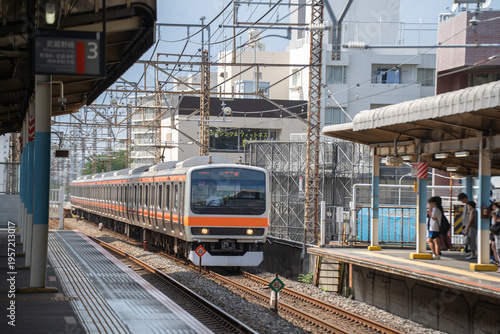駅に入線する武蔵野線の通勤電車