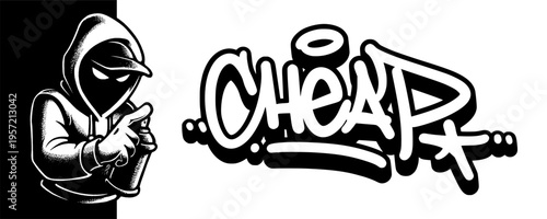 Cheap Price Graffiti Tag with Pointing Mascot Character for Budget Friendly Urban Fashion.
