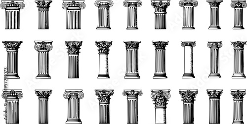Set of various classical ancient Greek and Roman architectural columns and pillars showing different styles and orders, hand-drawn vector illustration.