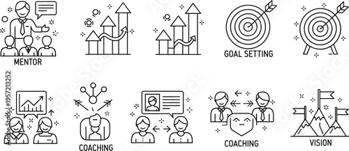 Set of Coaching, Mentoring, Goal Setting, and Vision Icons for Personal Development and Business Growth