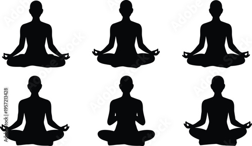 Six silhouettes sitting in meditation pose with lotus pose