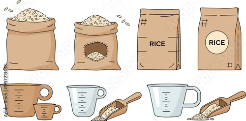 Rice Packaging and Measurement Tools Icons Set Featuring Bags, Cups, and Scoops