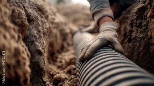 Worker installing underground pipeline in trench with protective gloves, infrastructure and utility construction concept showing manual labor, engineering work and industrial installation process