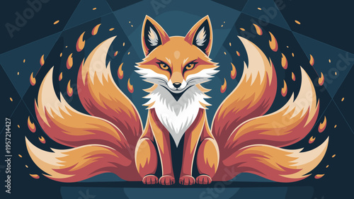 Celestial kitsune fox in midnight blue setting - Suitable for night-themed graphics, spiritual content, or folklore posters.