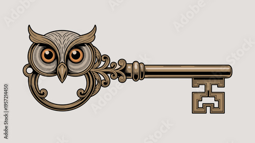 Victorian style owl key in brass tones - Perfect for historical fiction covers, jewelry design, or vintage logos.