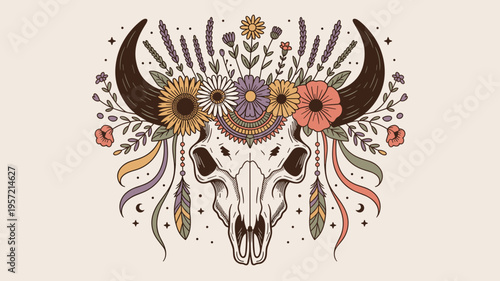 Rustic buffalo skull with lavender and poppies - Suitable for artisanal crafts, cottagecore aesthetics, or nature-themed ads.