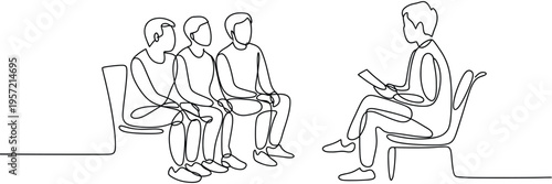 Continuous line illustration, group therapy session, therapist with tablet, counseling and mental health support, therapy session concept.