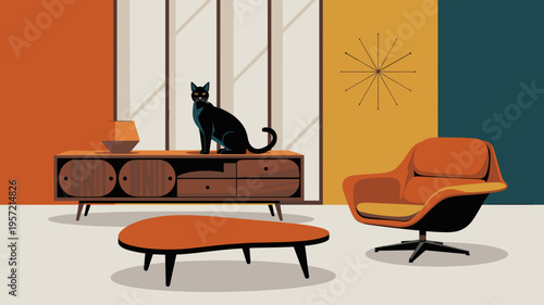 Atomic era living room with sleek black cat - Suitable for classic architecture features, retro pattern design, or chic ads.