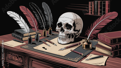 Mysterious dark academia desk with parchment - Suitable for vintage education materials, gothic stationery, or noir art.