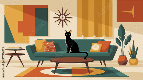 Retro teal sofa and black cat illustration - Great for nostalgic lifestyle branding, home organization, or pet lover gifts.