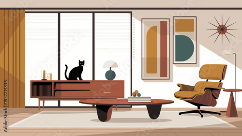 Teak credenza and cat in MCM living room - Perfect for furniture catalogs, vintage lifestyle articles, or interior design.