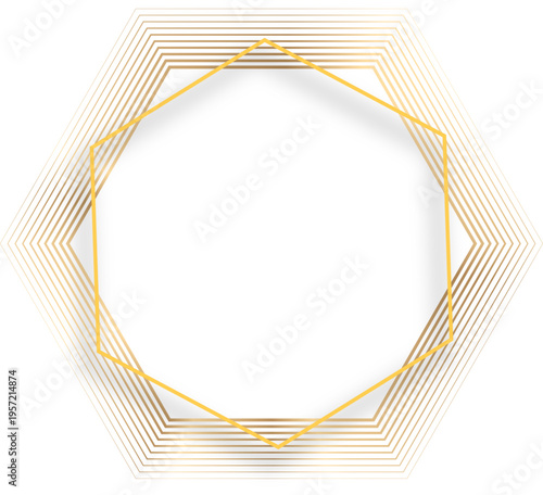 ラグジュアリーなゴールドの六角形フレームと重なり合う幾何学ライン。高級感溢れる表彰、認定証、イベント告知用の抽象バナー背景