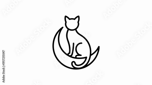 Feline silhouette sitting on moon arc - Great for dreamy bedtime story graphics, bohemian stationery, or minimal decor.