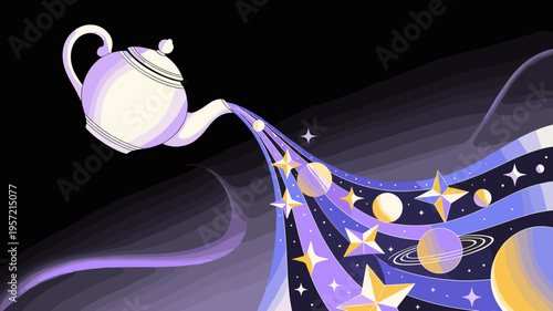 Floating ceramic teapot with streaming vector planets – Suitable for creative agency backgrounds, space-themed posters, or magic ads.