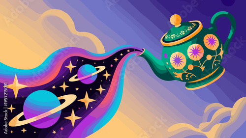 Emerald teapot pouring celestial river in twilight – Great for boutique cafe branding, mystical stationery, or fantasy illustrations.