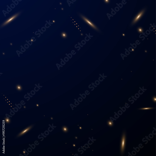 深い紺色の空間に散らばる金色の光彩と幾何学的ドット。宇宙、ナイトライフ、高級車、ラグジュアリーな夜をイメージした抽象背景