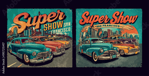 Classic car posters. Vintage automobile san francisco show t shirt prints, engine retro car brochures hot rod race 1980s design old auto sport garage mechanic vector illustration