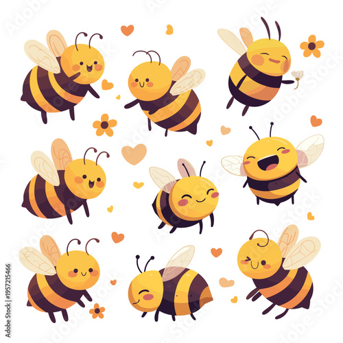 Cute bumble bees. Cartoon bee kawaii characters, funny honeybee sweet honey mascot hive nature yellow black baby insect with spring flowers children doodle set vector illustration
