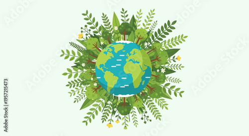 Earth Globe Surrounded by Green Leaves.