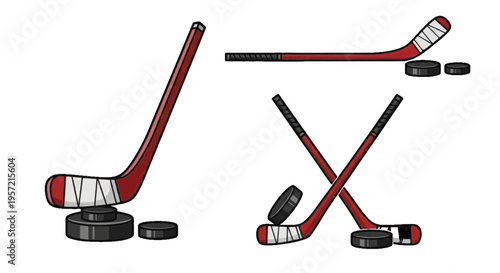 Vector illustration of set of ice hockey sticks and pucks